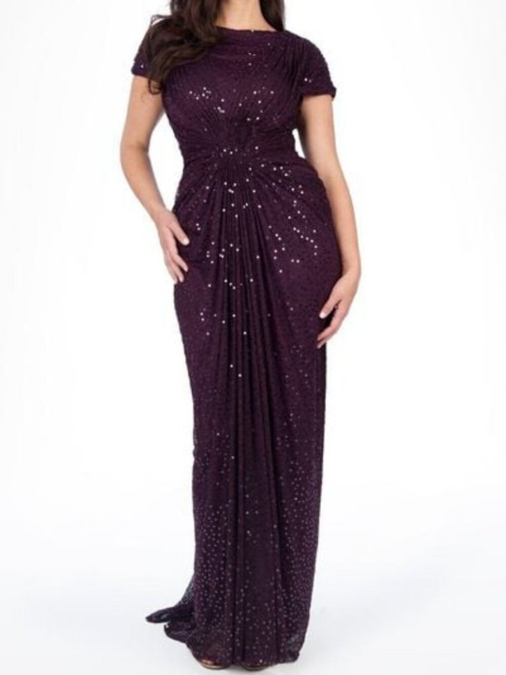 [Fits 8-10 IMO] Tadashi Shoji Gathered Sequin Mesh S/S Modest Gown Dress Purple
